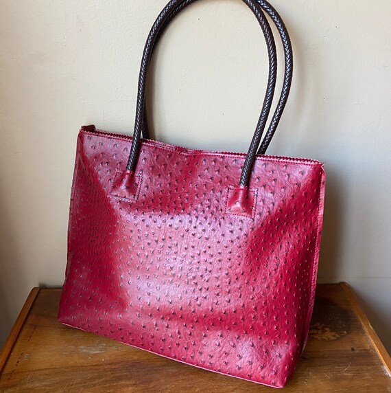 Red Vegan Ostrich Skin Tote Vintage Bag Woven Handles Polka 