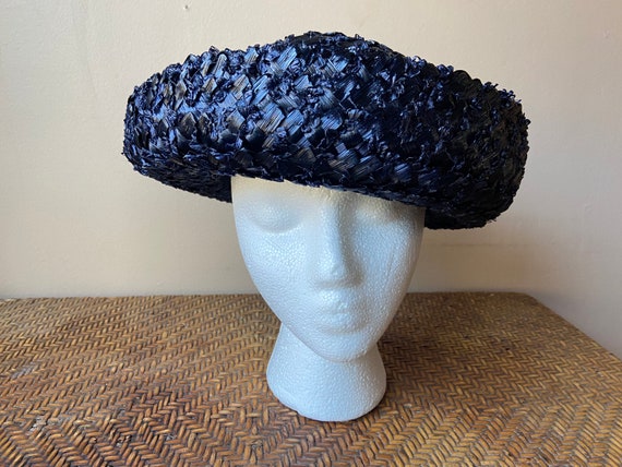 Jane Morgan Navy Straw Hat, Mid Century Church Ha… - image 1