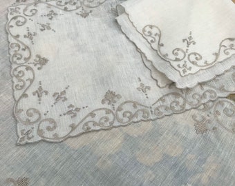 Sheer Linen Napkin Placemat Runner Set, Vintage Embroidered Taupe Table Runner, Formal Dining Linens, Mid Century Fine Dining Tablescape