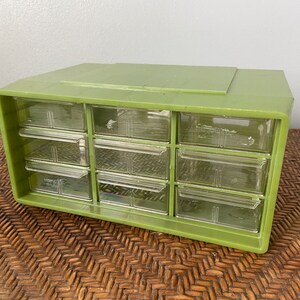 Green Plastic Organizer, 9 Drawer Hardware Storage Box, Craft Caddy,  Vintage 70's Garage Storage, Screw and Nail Organizer, Make up Drawers 