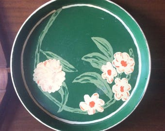 Art Deco Floral Serving Tray, Green Toleware Tray, Platter, Spring Garden Decor