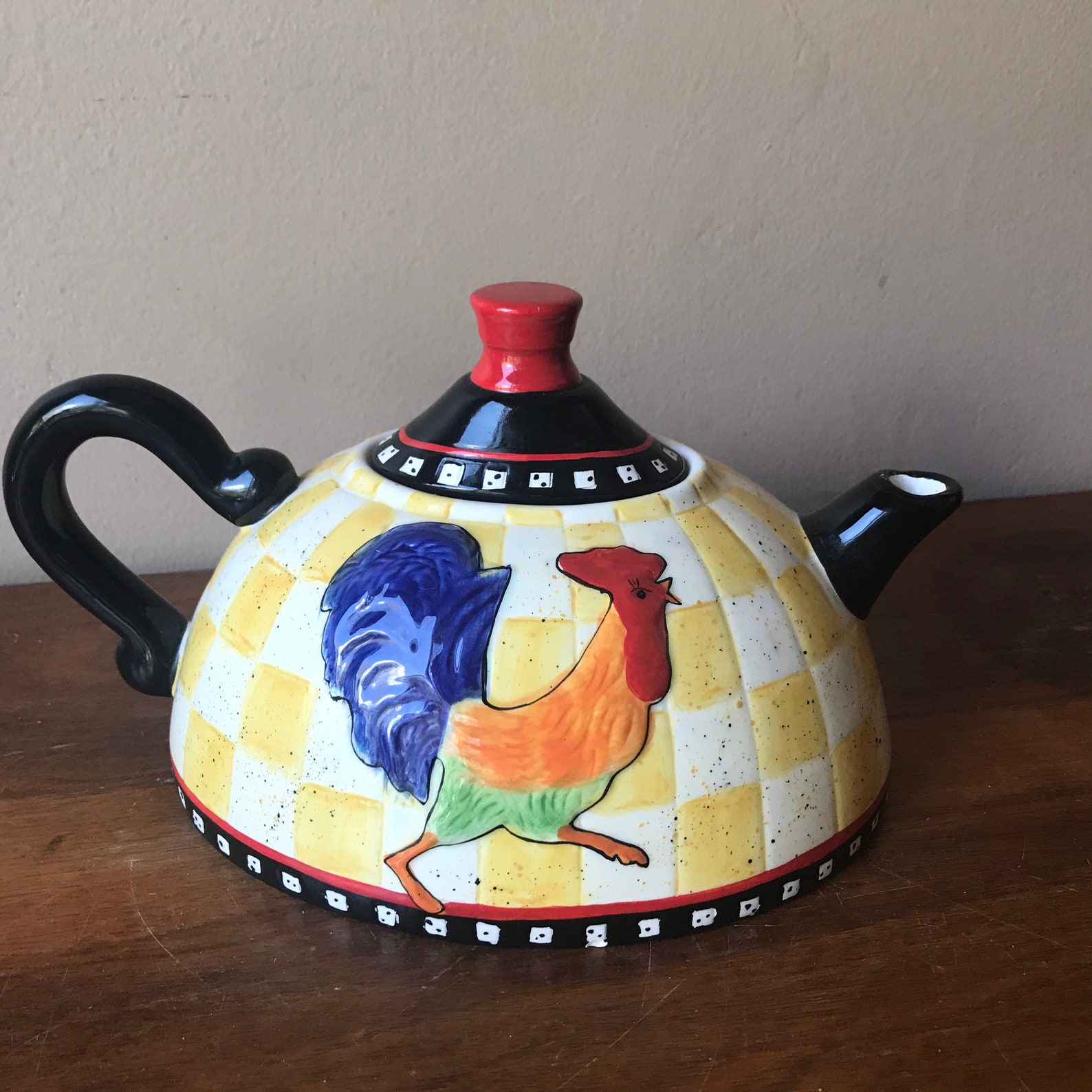 Ceramic Tea Pot Vintage Rooster Teapot Yellow Blue Glaze Etsy