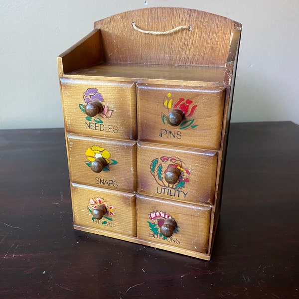 Wooden Sewing Notions Box, Small Thread Button Organizer, Wood Drawer Caddy, Needlepoint, Quilting, Crafting Cabinet