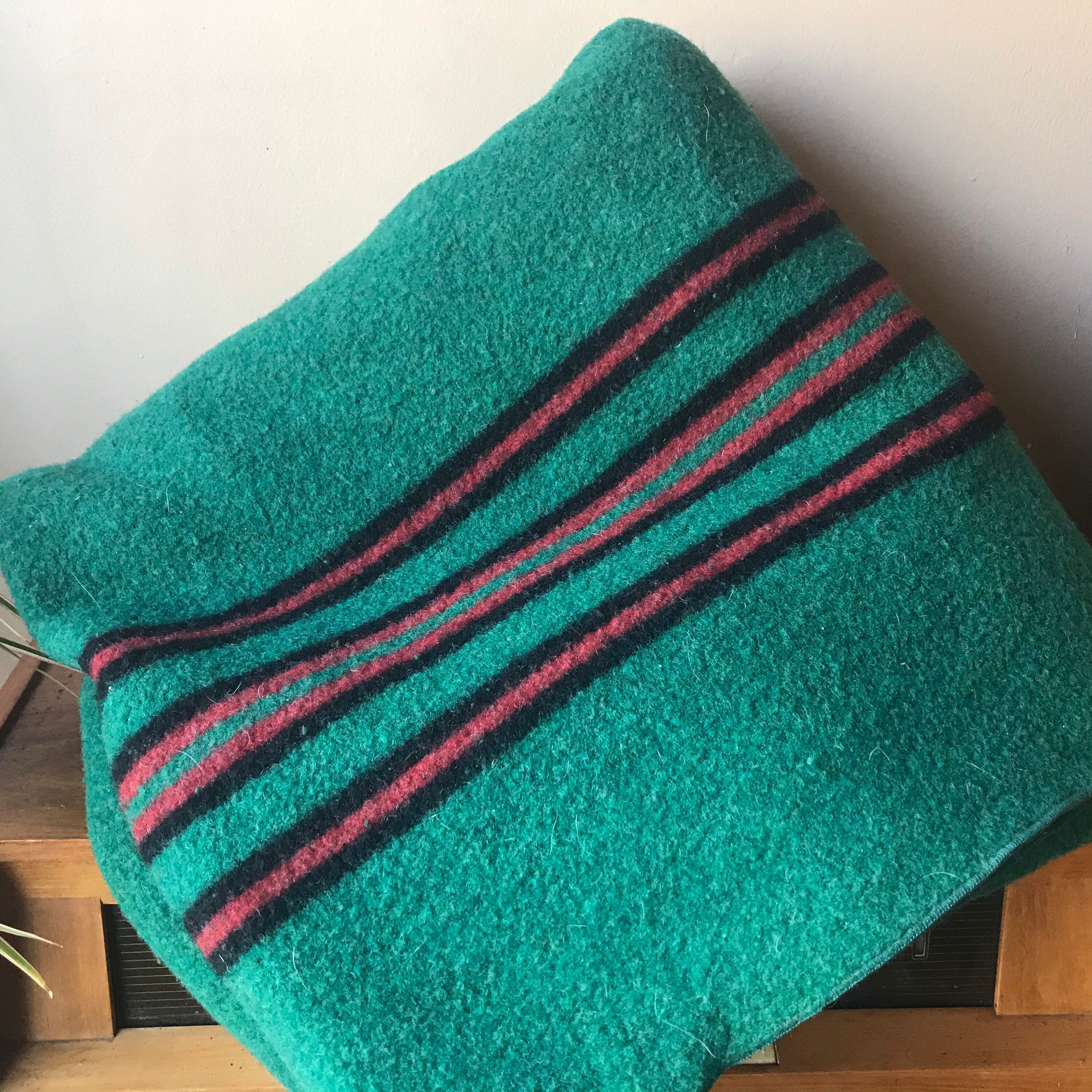 Green Wool Blanket Vintage Striped Wool Blanket Wool Throw Etsy