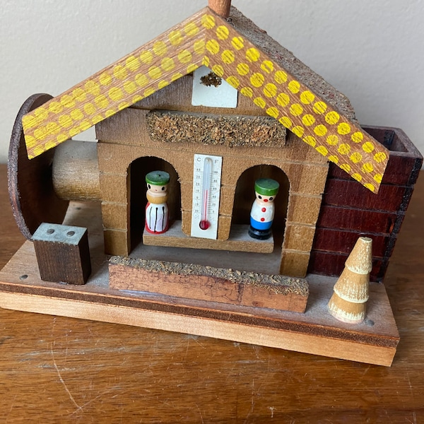 Swiss Chalet Thermometer, Mid Century Dutch Decor, Made in Japan, 1950's Norwegian Souvenir, Hand Painted Cork People, Collectible Folk Art