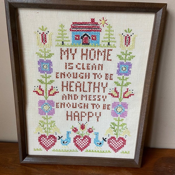 Framed Embroidery, Handmade Stitched Fabric, Cross Stitched Sign, Cottagecore Signage, Crosstitch Sign, Granny Core Decor, Floral Embroidery