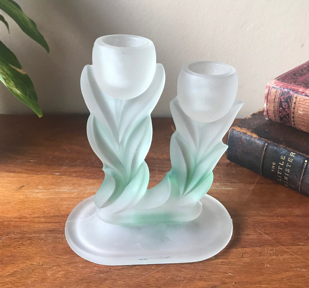 Frosted Glass Candle Holder, Vintage Dual Candlestick Holder, Taper