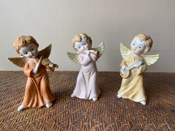 Homeco Angel Figurines, Porcelain Bisque Cherubs, Set of 3, Holiday Decor,  Angel Collector, Curio Cabinet, Music Playing Angels 