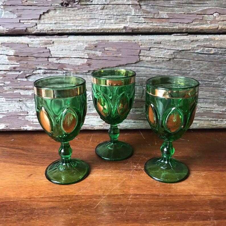Green Gold Cordial Glasses Set of 3 Vintage Barware Retro Etsy