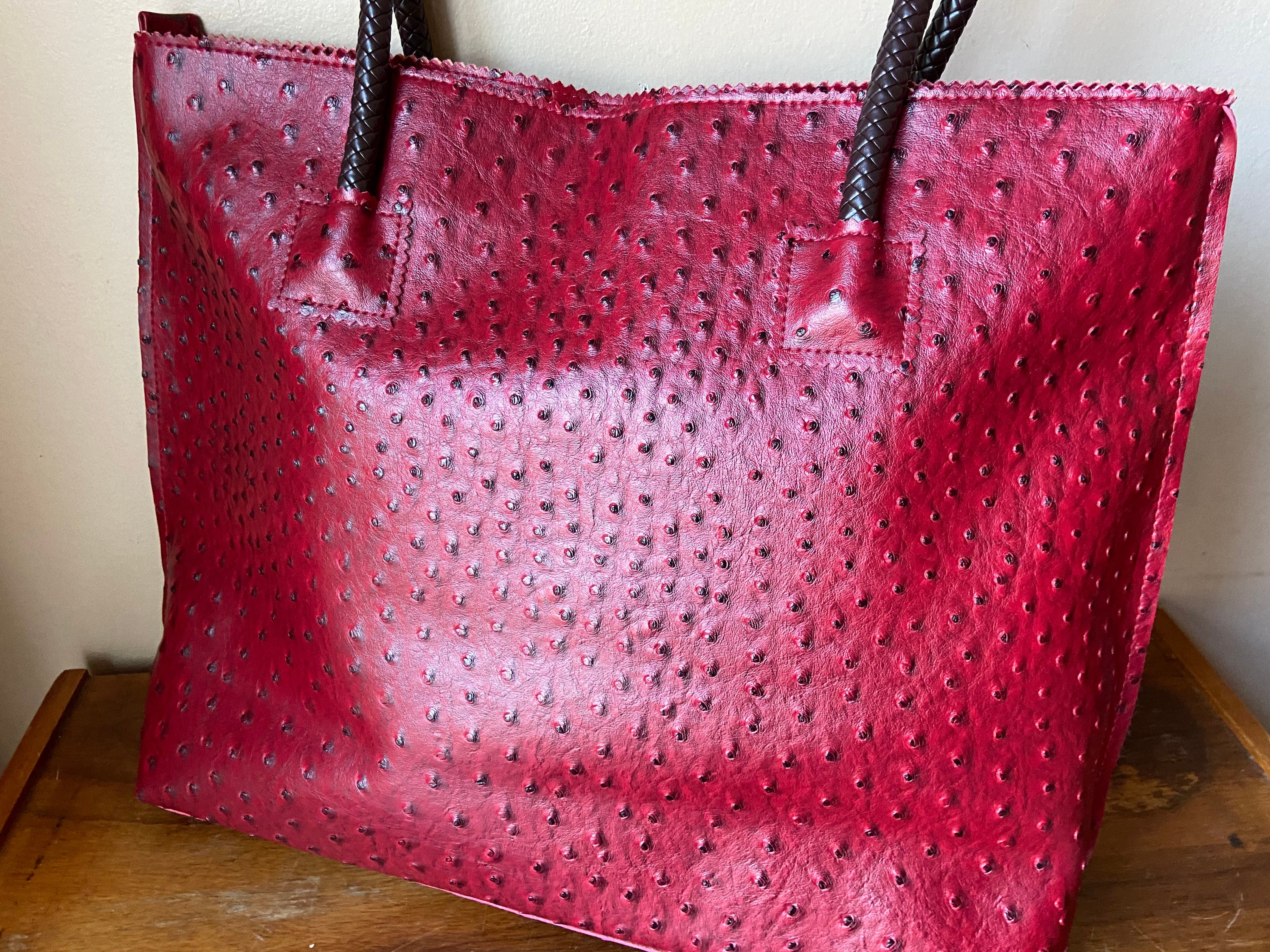 Red Vegan Ostrich Skin Tote Vintage Bag Woven Handles Polka 