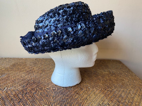 Jane Morgan Navy Straw Hat, Mid Century Church Ha… - image 2