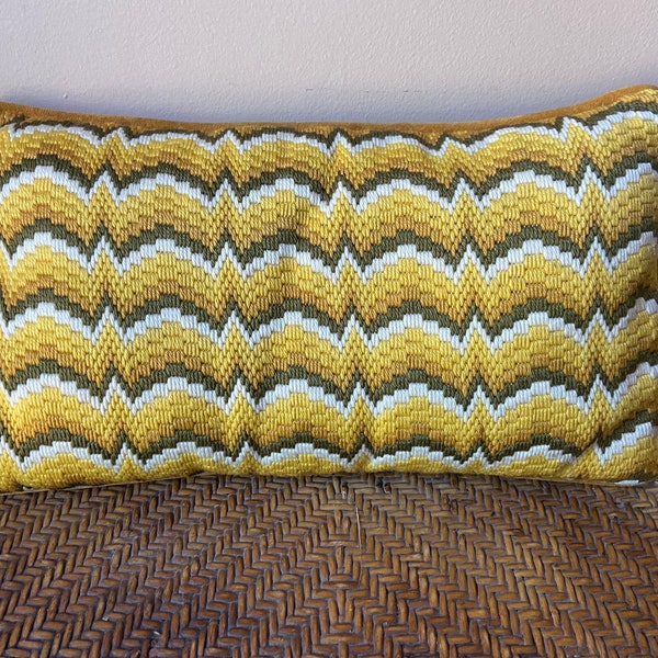 Mod Crocheted Pillow, 1970's Retro Pillow, Boho Decor, Hand Made Pillow, 70's Throw Pillow, Gold Avocado Pillow, Velvet Couch Pillow