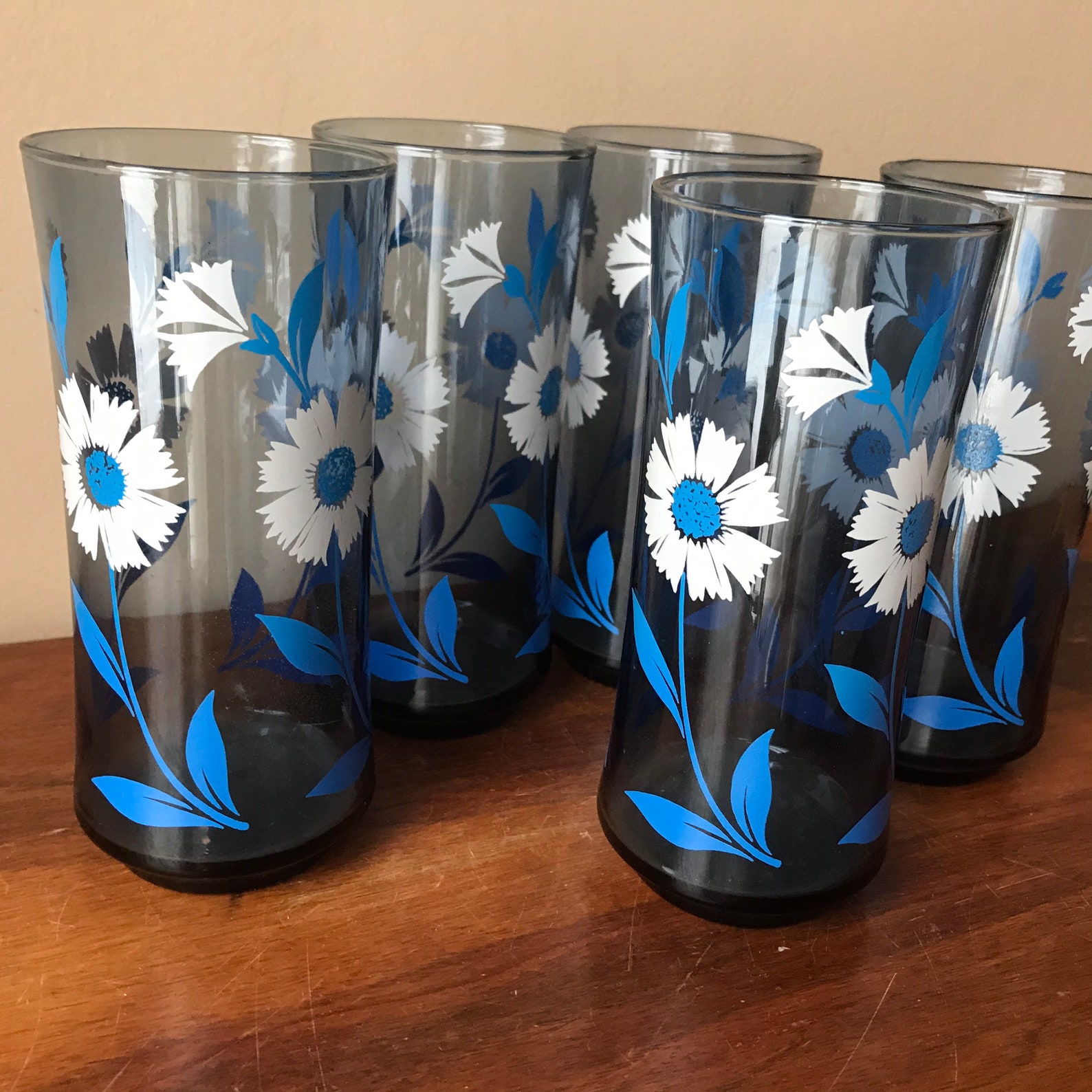 Libbey Blue Daisy Drinking Glasses Set of 5 Water Tumblers Etsy