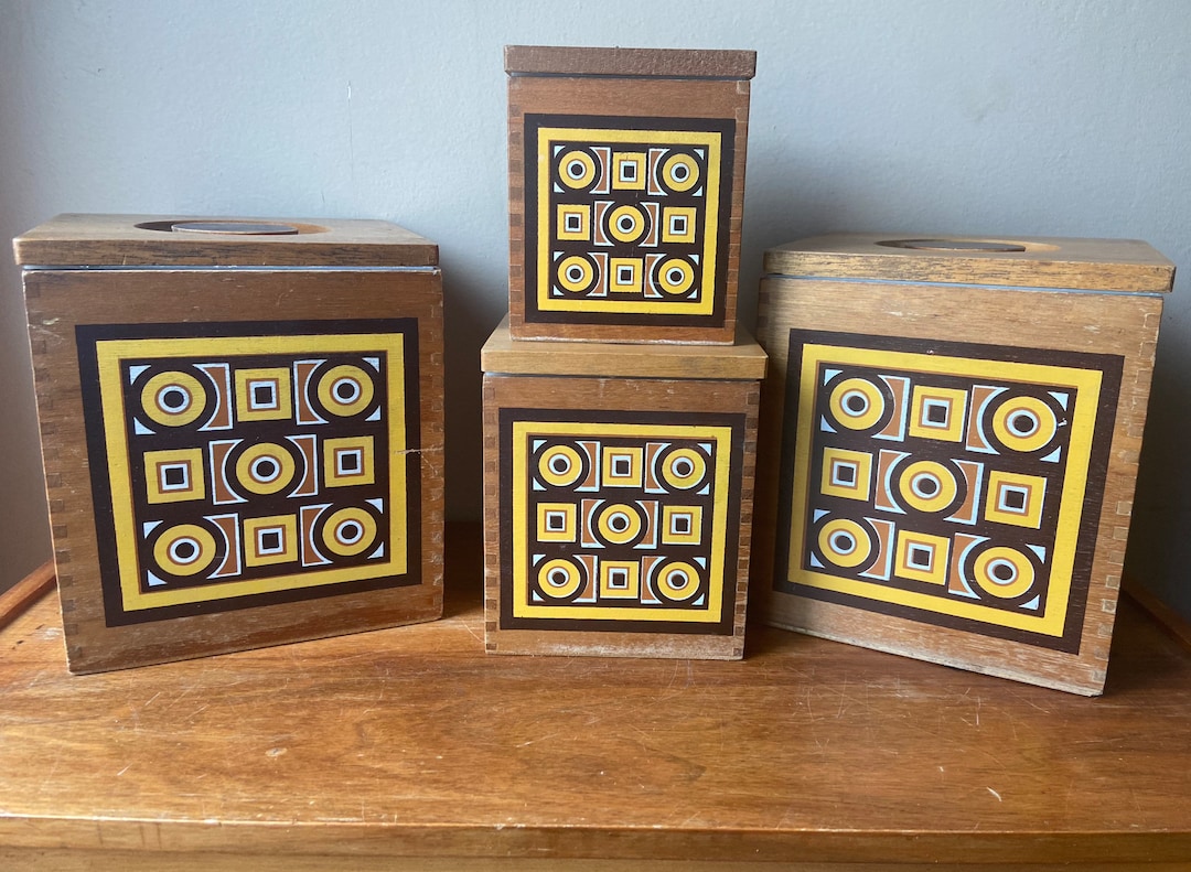Mid Century Canister Set, Wooden Geometric Canisters, Kitchen Storage ...