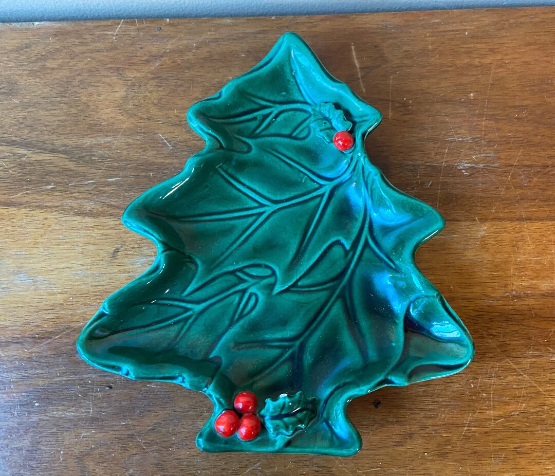 Lefton Holly Berry Christmas Tree Candy Dish, Holiday Decor, Christmas