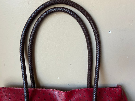 Red Vegan Ostrich Skin Tote Vintage Bag Woven Handles Polka 