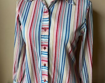 70’s Striped Blouse, Size 12 Vintage Top, Retro Work Blouse, Mod Office Attire, 1970's Polyester Blouse, Costume, Disco Blouse