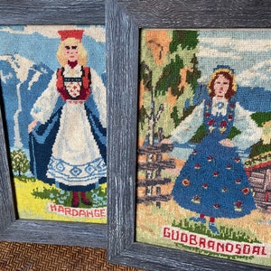 Norwegien Needlework Framed Tapestries, Danish Decor, Hardanger, Gudbrandsdal, Norway Hand Sewn Art, Dutch Girls, Antique Hand Needlepoint