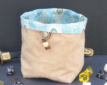 Large Faux Suede Dice Bag, Peacock Lining, D&D, Drawstring Pouch