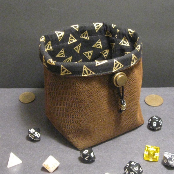 Deathly Hallows DnD Dice Bag, Large Vegan Leather Drawstring Pouch, Dice Bag of Holding, Money Bag, Dungeons and Dragons Dice Bag, RPG, D&D