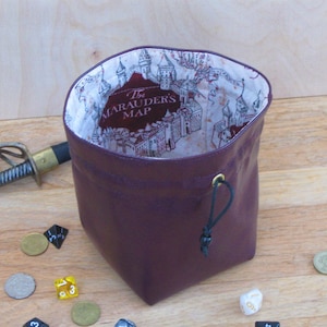 Dice & Tile Bag with Marauder&#39;s Map, Leather Drawstring Pouch, Money Bag, Renaissance Fair, Dungeon and Dragon Dice Bag, Strategy Game, RPG
