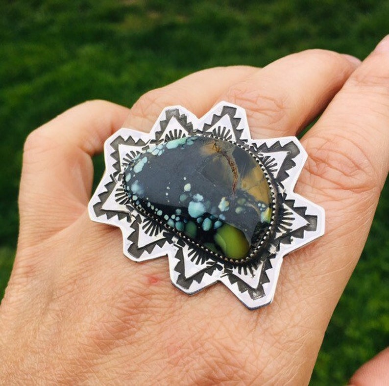 Multi-Color Poseidon Turquoise Statement Ring Handstamped 925 Size 7.5