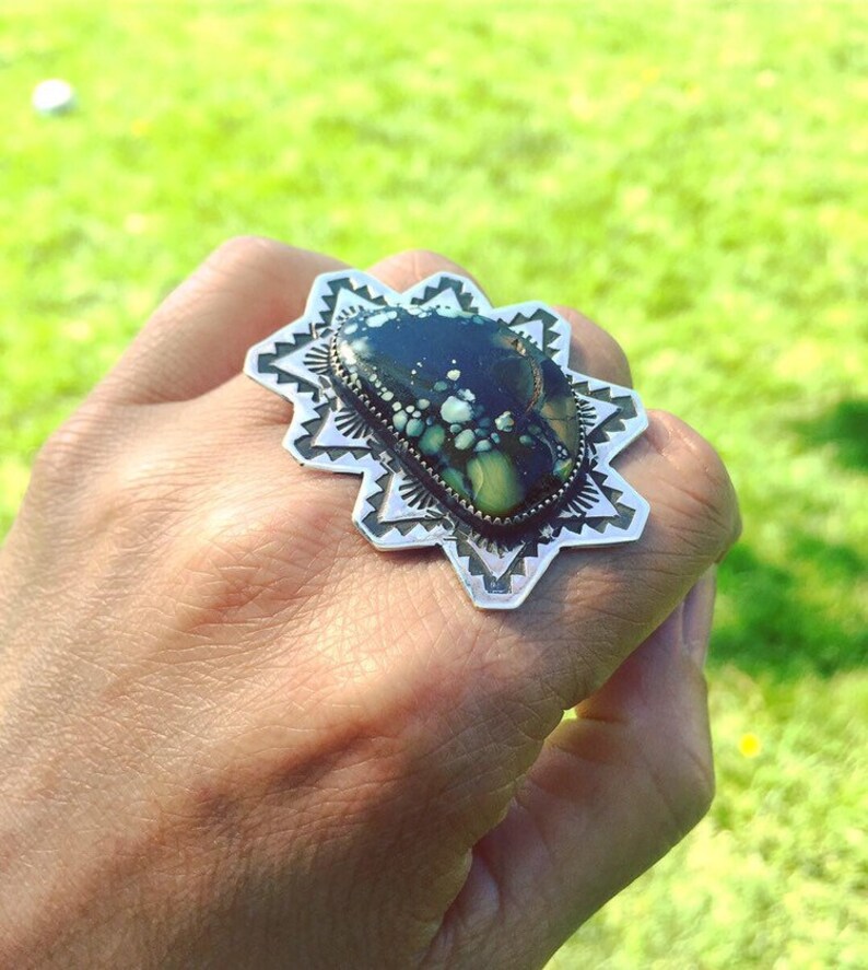 Multi-Color Poseidon Turquoise Statement Ring Handstamped 925 Size 7.5