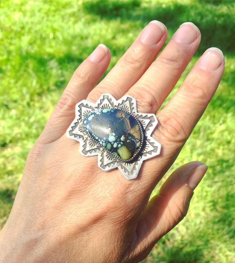 Multi-Color Poseidon Turquoise Statement Ring Handstamped 925 Size 7.5