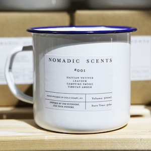 Nomadic Scents - #001 - Vetiver / Leather / Campfire Smoke / Amber - Hand Poured 100% Soy Wax Wood Wick Enamel Mug Candle - 60 hrs +