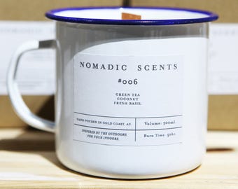 Nomadic Scents - #006 - Green Tea / Coconut / Fresh Basil - Hand Poured 100% Soy Wax Wood Wick Enamel Mug Candle - 60 hrs +