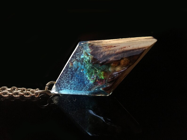 Eco epoxy jewelry The secret of the magical world in a tiny landscape Blue Wood Northern Lights Nature/'s grove wooden resin pendant