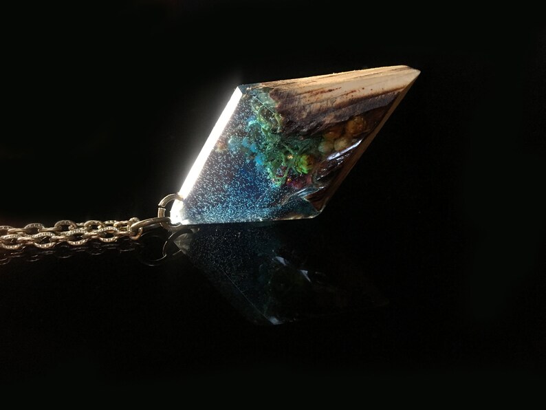 Eco epoxy jewelry The secret of the magical world in a tiny landscape Blue Wood Northern Lights Nature/'s grove wooden resin pendant