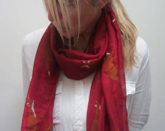 Fox Scarf/Red Fox Summer Day Night Scarf/Red Scarf/Fox Scarf/Gift Scarf/Ladies Scarf