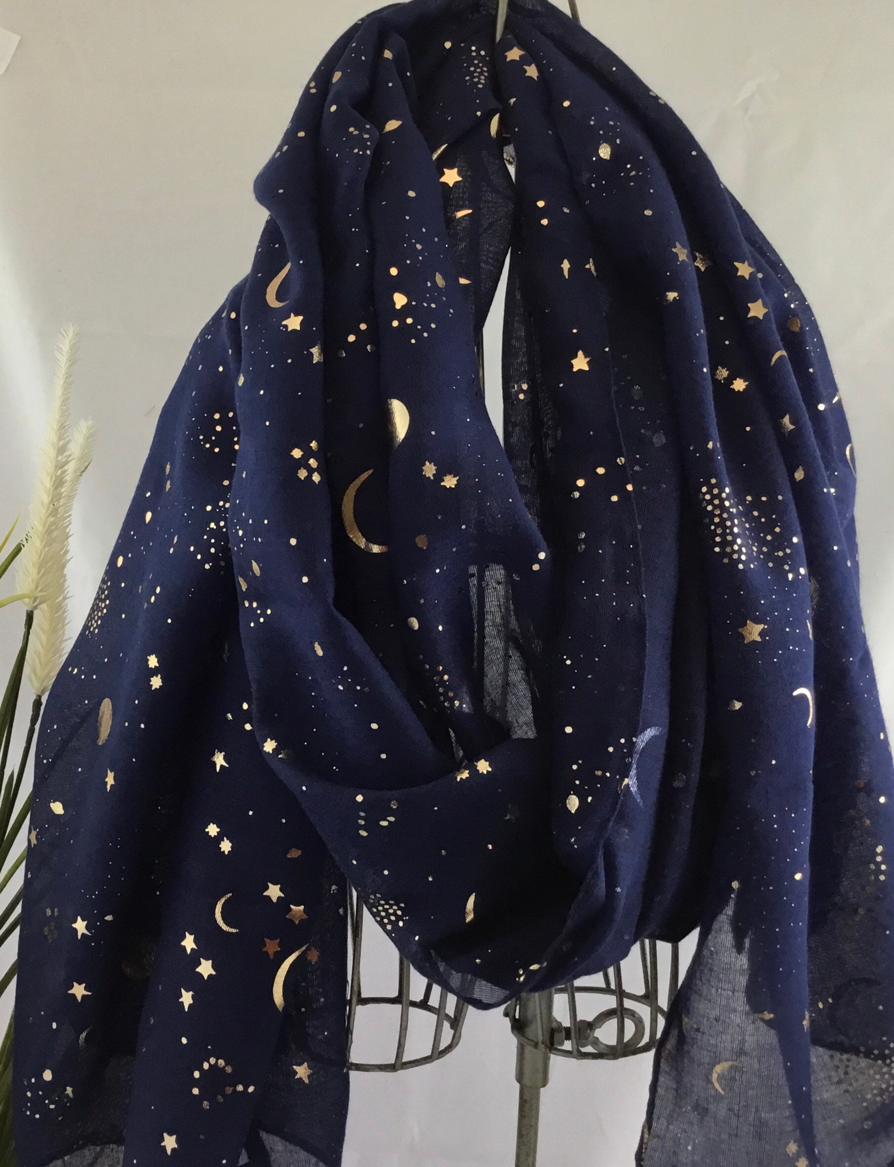 Scarf Women Celestial Navy Blue Moon and Stars Scarf Moon & Etsy