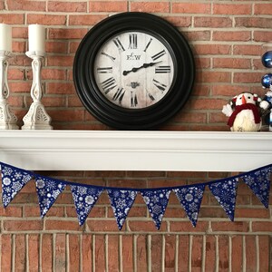 Blue & Silver Snowflake Fabric Bunting Banner Garland, Winter Mantel Decor, Winter Birthday Bunting, Dorm Room, Christmas Mantel