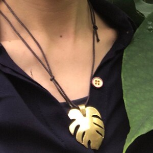 Monstera plant leaf pendant necklace Large Metal image 3