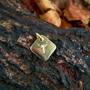 May include: A gold-colored pendant with a diamond shape and a rune symbol engraved on it. The pendant is resting on a piece of tree bark.