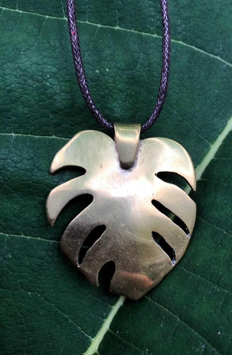 Monstera plant leaf pendant necklace Large Metal image 5