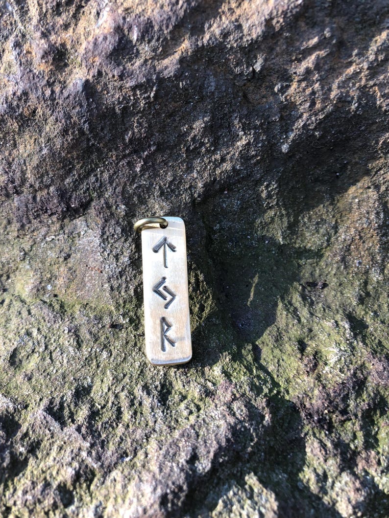May include: A silver charm with four Norse runes engraved on it. The runes are:  "Algiz", "Sowulo", "Eihwaz", and "Raido".