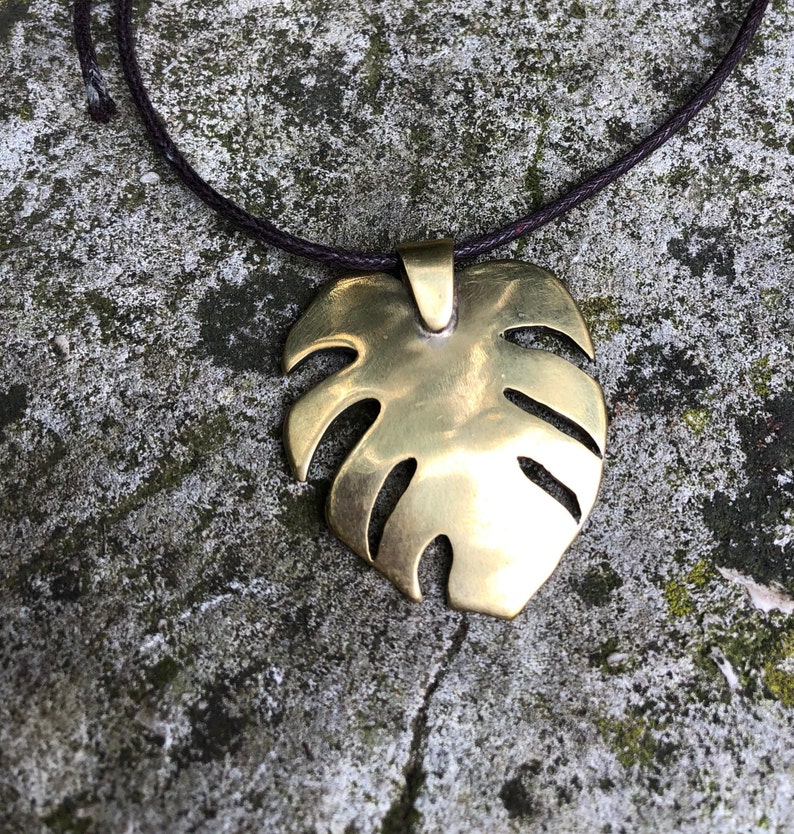 Monstera plant leaf pendant necklace Large Metal image 2