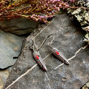 Feather Earrings- Red Enamel woman Titanium Hook Dangle Earrings