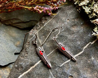 Feather earrings with red enamel - Small Drop earrings Gift for her