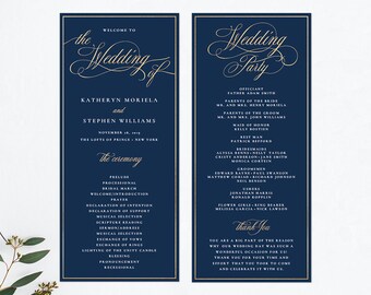 navy blue gold wedding program booklet templates folded etsy