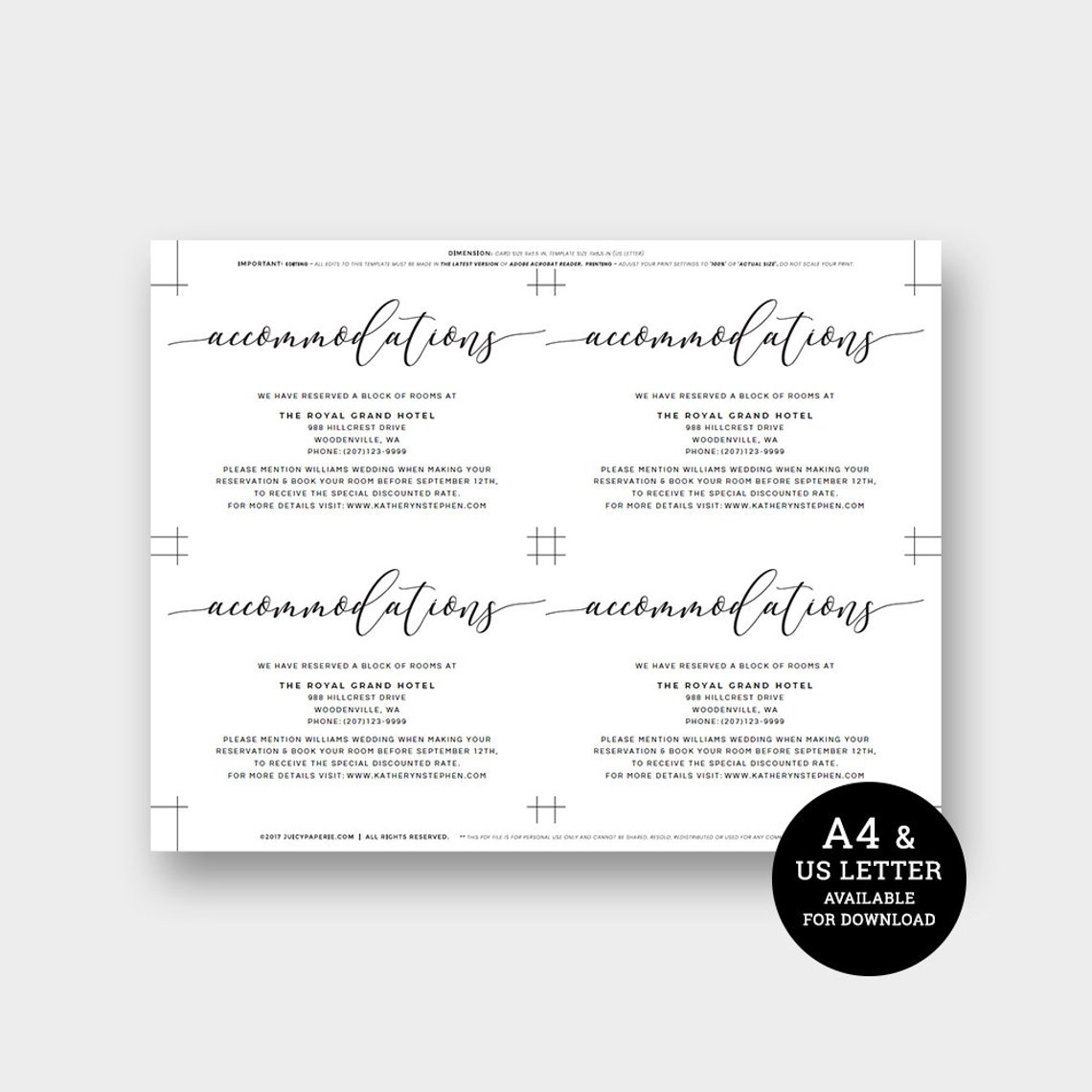 Wedding Accommodations Card Template Printable Wedding | Etsy