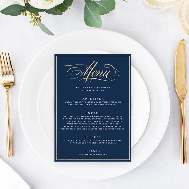 Navy Blue and Gold Wedding Menu PDF Templates DIY Nautical Etsy