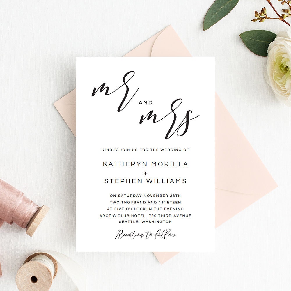 Mr and Mrs Wedding Invitations Templates Calligraphy Script Etsy