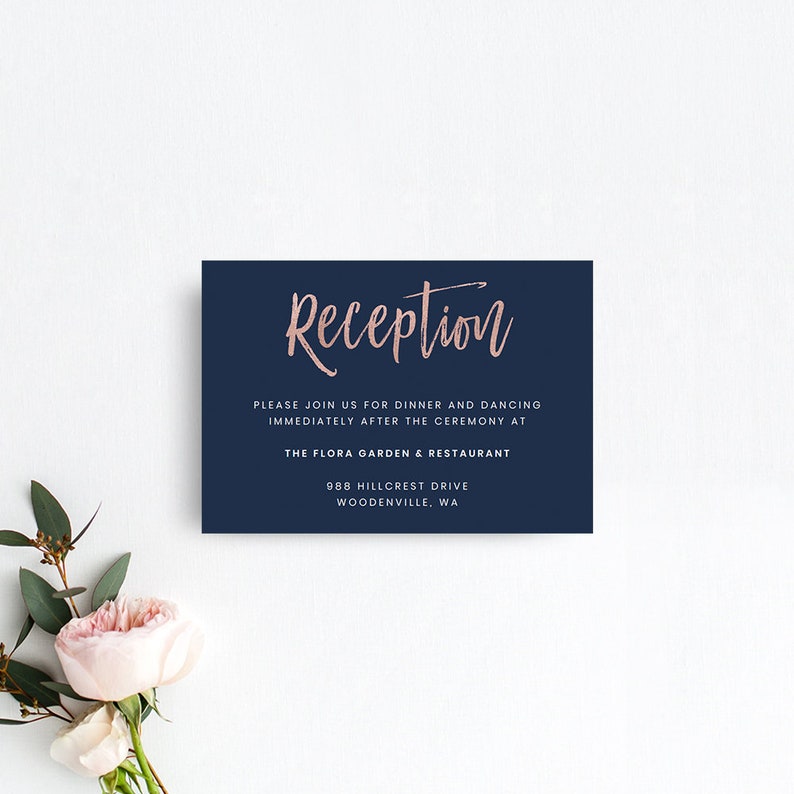 navy blue rose gold wedding reception card templates printable wedding reception templates modern script wedding reception card template reception card size