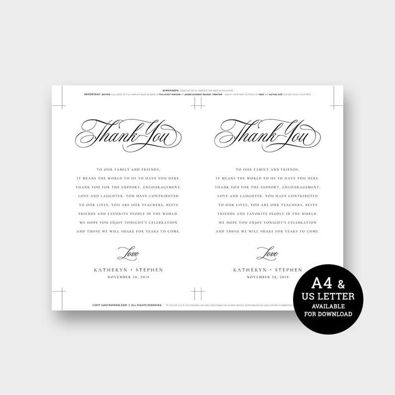 Diy Wedding Thank You Card Classic Elegant Wedding Thank You Cards Printable Template Wedding Thank You