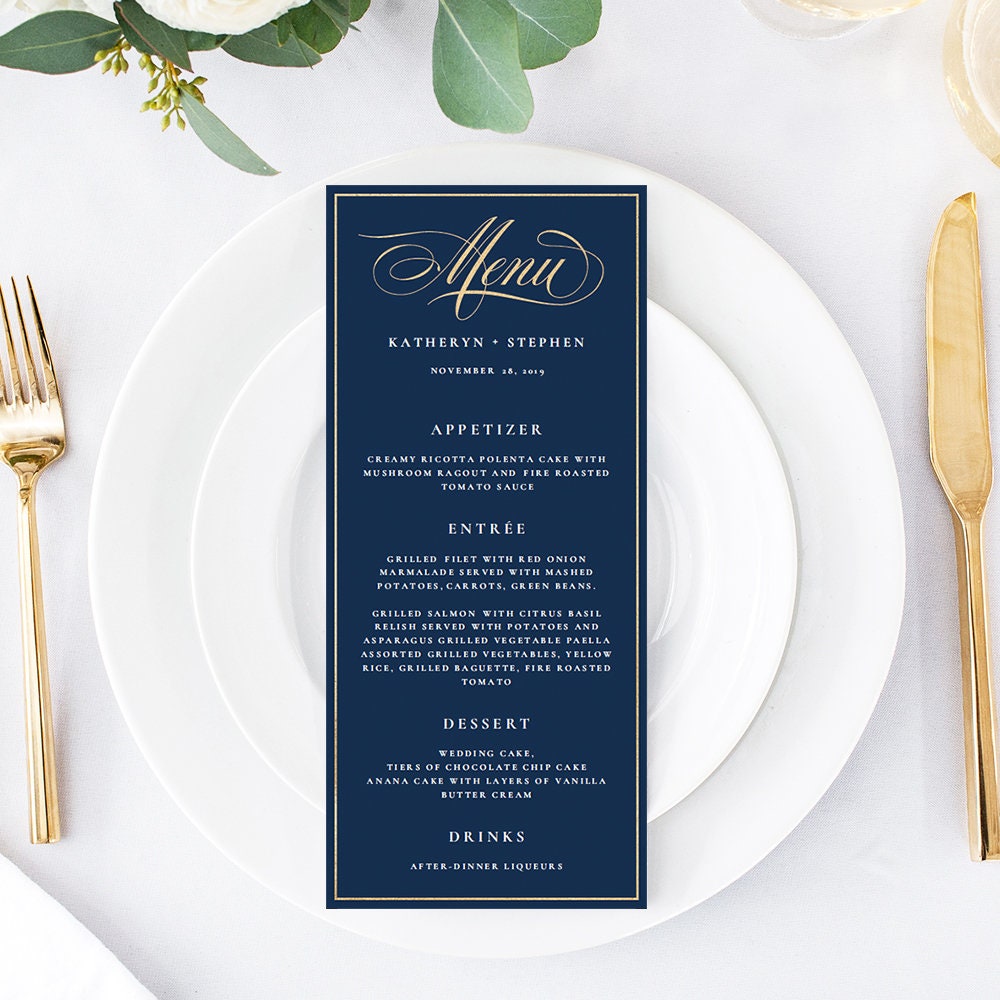 Modèles PDF de Menus Bleu Marine et Or à Éditer &amp; Imprimer | Etsy
