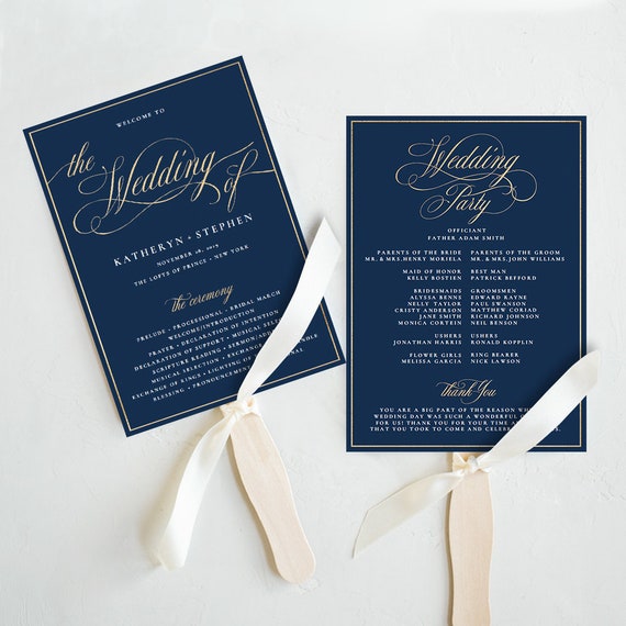 Navy Blue Gold Wedding Program Fan Templates Diy Wedding Etsy